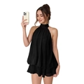 Sleeveless black halter neck chiffon mini dress with layered ruffle details for summer - XS / Black