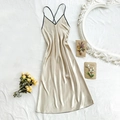 Champagne gold satin slip nightgown with thin black cross straps and a V-neckline - S / Khaki