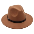 Detail of the camel wool fedora hat with a black leather band and silver buckle - M (56-58cm) / Khaki