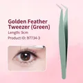 9cm light green golden feather eyelash tweezers with precise curved tips for makeup - Gold Feather Clip B7734-3 / Green