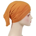 Detailed side view of mustard yellow modal hijab cap showing stitching and elastic fabric - One Size / Ginger Yellow