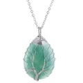 Silver tree of life wire wrapped green teardrop crystal pendant necklace on white background - Green Aventurine Silver