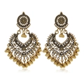 Vintage gold Bohemian Jhumka earrings with hollow heart design and tiny dangling bells - Antique Gold
