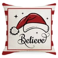 Linen Christmas pillow cover featuring festive red hat design and Believe text - 45x45CM (No Core) / 3602-4 Believe Hat