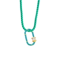 Detail of teal enamel box chain necklace with gold carabiner clasp and baguette zircon - Turquoise Green