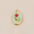 Detail von 18K vergoldetem Tulpenanhänger mit roter Emaille und kleiner weißer Perle - Gold Grün