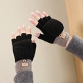 Winter thermal half-finger gloves in black and grey with knitted cuffs for men and women - Half-Finger Flip Cover Style / Black