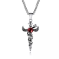 Men's titanium steel cross necklace featuring a winged sword with snake and red gemstone - Red Zirconia Snake Sword Style
