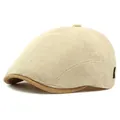 Light beige breathable mesh flat cap with dark brown trim and side logo label - Adjustable / Beige