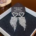 925 silver heart tassel earrings with rhinestone fringe and pearl accents for women - E0348 Silver Needle (Heart Full Diamond Tassel Silver)