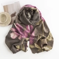 Brown-grey paisley scarf with purple floral print and fringe, soft cashmere-like texture - Hibiscus Grey