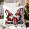 Watercolor Christmas gnomes pillowcase with red hats opening gifts on white background - CDR381-17