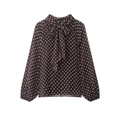 Women's brown long-sleeve blouse with white polka dots and a stylish bow collar design - XS / Dark Brown Polka Dot