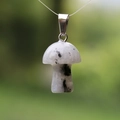 Mushroom-shaped white natural stone pendant with black spots and silver metal ring - Labradorite