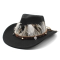 Ethnic Western wool cowboy hat in black with natural feathers and beaded woven band - M(56-58cm) / Black