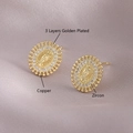 Golden plated Virgin Mary earrings with zircon inlay on purple satin background - Gold Plated Virgin Mary White Zircon (EM03-4)