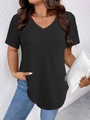 Dames plus size T-shirt met V-hals en korte mouwen in effen zwarte zachte stof - S / Tops / Zwart