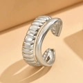 Silver double-layer open ring featuring unique pleated texture and smooth polished finish - Silver
