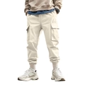 Men's loose cargo pants in cream white featuring utility pockets and elasticated cuffs - Apricot