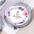 Portable silver compact mirror with floral Happy Birthday design and round metal frame - Birthday Cake Pattern
