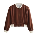 Women's Y2K dark brown bomber jacket with white ribbed trim and gold buttons - Chestnut