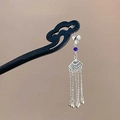 Modern Chinese black wood hair pin with silver fan tassel and blue pink beads - Fan Holder Style Hair Stick