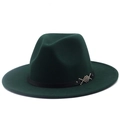Detail of dark green wool fedora hat with black leather band and silver metal buckle - M (56-58cm) / Dark Green
