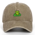 Vintage khaki washed cotton baseball cap with cute green frog embroidery on the front - Khaki