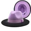Detailansicht des zweifarbigen Fedora-Hutes mit lila Krone und schwarzer Krempe - Lavendel & Dunkelviolett
