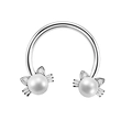 Detailed macro view of cat-shaped nose ring with white pearl head and silver accents - 1.2x10mm / Pearl Cat