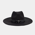 Detail of silver bull head buckle and bronze studs on black wool fedora leather band - Silver Bull Head Studded Leather Decorative Strap (Color 13)
