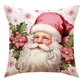 Detail of pink Santa Claus illustration on linen pillow cover with festive winter holly leaves - 45*45cm (Single Pillowcase) / Pink Santa Claus