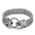 Silver woven steel bracelet featuring retro double snake heads and textured ring clasp - Double Snake Head Style (KB144598-KJX)