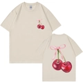 T-shirt en coton beige avec imprimé cerise aquarelle et nœud rose coupe ample - Beige