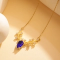 Elegante goldene Kette mit Hirschgeweih-Anhänger und blauem Tropfen-Schmuckstein - XL229 Ovaler Blauer Zirkon Hirschhorn Gold