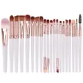 Detail view of 20-piece makeup brush set with white handles and rose gold ferrules - White Handle + Coffee Tube