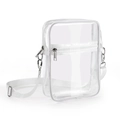 Clear PVC crossbody makeup bag with white straps and metal hardware on white background - White