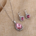 Pink crystal waterdrop necklace and moon earrings set on brown linen background - Necklace and Earring Set / Rose Red