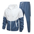 Men's blue and white patchwork hooded sports tracksuit with zip jacket and joggers - Sky Blue and White Patchwork