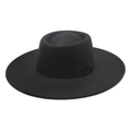 Classic black flat top wool felt fedora hat with wide brim and ribbon decoration - M (56-58cm) / Black