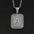 Collier pendentif carré argenté lettre A avec oxydes de zirconium brillants style hip hop - Lettre A en acier / Pendentif Uniquement