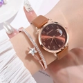 Elegant women's brown leather quartz watch set with moon star dial and starry bangle - Watch + Bracelet / Brown