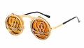 Macro detail of steampunk flip-up sunglasses with golden metal frame and pixel skull design - Gold Frame Pixel Skull Style