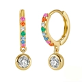 Gold plated 925 silver hoop earrings with rainbow gemstones and round zircon pendants - Rainbow Hoop Bezel Dangles / Gold with Colored Stones