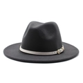 Detail of black wool fedora hat featuring a beige leather band with gold buckle accent - Dark Gray