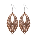 Macro view of brown teardrop wood earrings with intricate geometric cutout patterns - Style 23