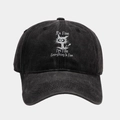 Detail of washed black baseball cap with distressed cat print and sarcastic text - Adjustable / Black