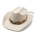 Classic beige western cowboy hat with bohemian beaded band and rolled brim for men and women - M(56-58cm) / Beige 01