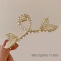 Pince à cheveux queue de sirène dorée avec perles blanches, environ 11,5 cm de long - 62# Perle Double Queue de Poisson