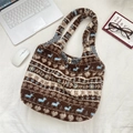 Ethnic style plush tote bag with brown stripes and flower pattern for women - Blue Deer